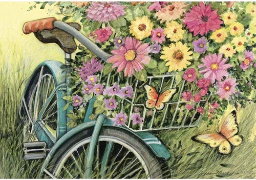Vista 4 de Lang - Rompecabezas de 1000 piezas -Boquet de bicicleta, obra de arte de Susan Winget - Acabado de lino - 29Ó x 20" Completado