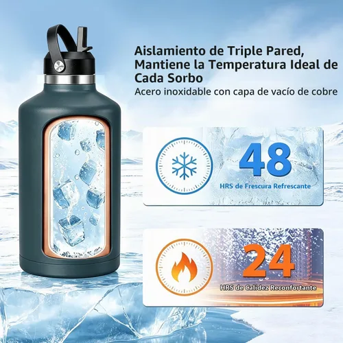 Vista 3 de Botella de agua aislada de acero inoxidable de 64 onzas con tapa de popote Verde militar