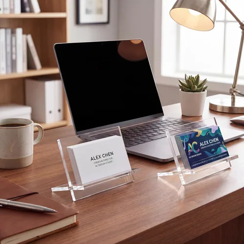 Vista 4 de Sintuff 2 Pack Acrylic Business Card Holders, Desktop Card Display Stand Clear Plastic Business Card Holder for Desk Name Cards Stand Organizer
