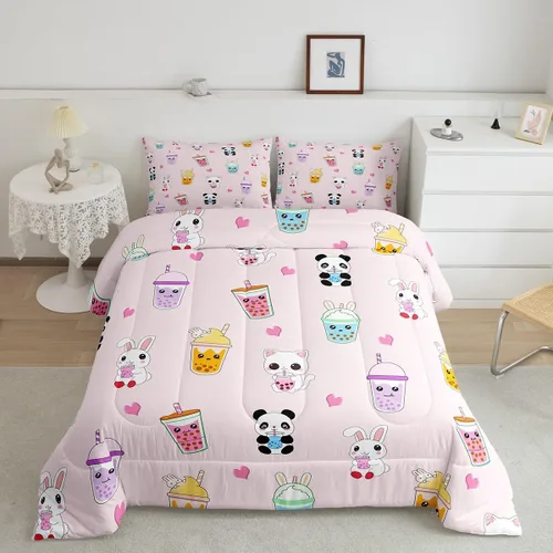 Vista 26 de Feelyou Juego de edredón de dibujos animados de gatos, juego de edredón de gatitos y flores, para niños, niñas, adolescentes, mascotas, gatos, juego