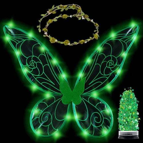 Vista 15 de Disfraz de hada Funcredible para mujeres y niñas - Alas de hada con luz y corona de flores, brillo - Alas de mariposa Negro