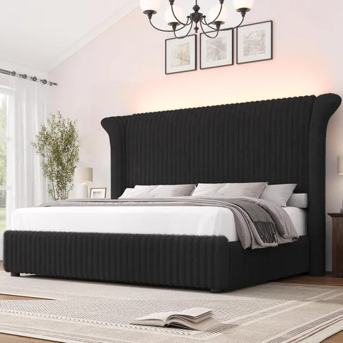 Vista 10 de Marco de Cama Queen con Cabecera Alta Tipo Ala de Piel Sintética de 54", Cama Plataforma Tapizada con Luz LED, Base de Colchón con Soporte