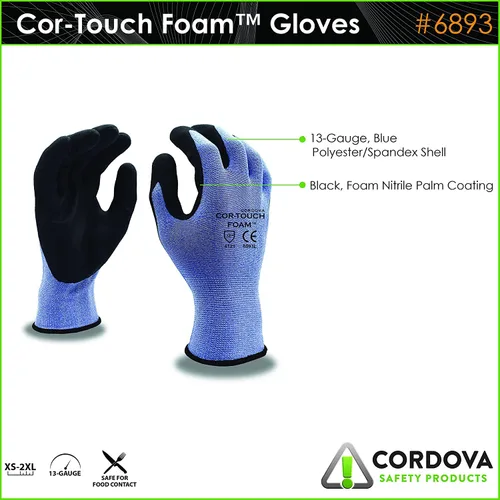 Vista 3 de Cordova 6893S Cor-Touch Foam - Guantes de espuma de calibre 13, carcasa de nailon gris, revestimiento de palma de nitrilo de microespuma negra