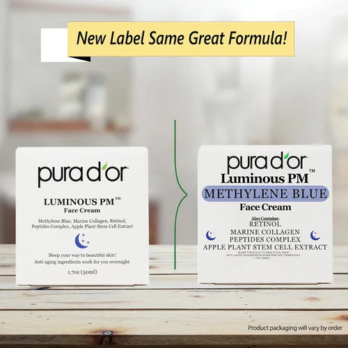 Vista 2 de PURA D'OR Crema facial luminosa PM de 1.7 onzas, azul de metileno, colágeno marino, retinol, péptidos, extracto de células madre de manzana