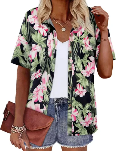 Vista 13 de LILYCHIC Camisas hawaianas de verano con botones de coco para mujer, camisas suaves con botones de manga corta A-hoja floral negra