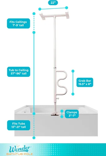 Vista 6 de Stander Wonder - Poste de bañera con barra de seguridad y barra de agarre curva, mango de ducha ajustable para bañeras, abrazadera en el riel