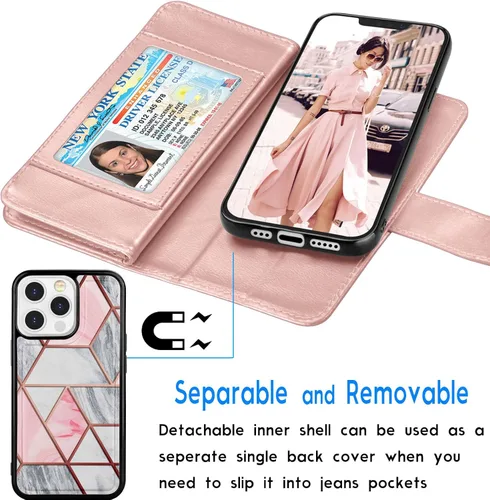 Vista 4 de Tekcoo Funda tipo cartera compatible con iPhone 13 (6.1 pulgadas) 2021 [funda rígida magnética desmontable] de lujo para tarjetas de crédito