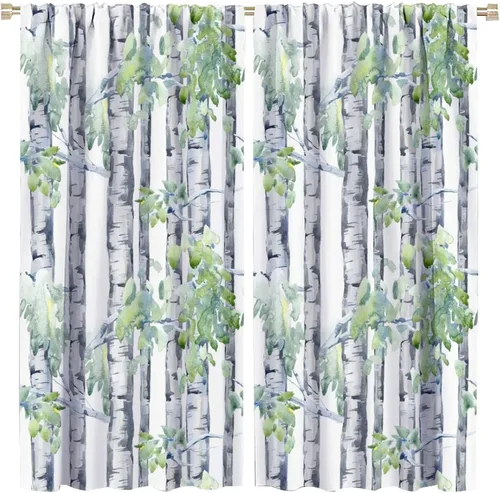Vista 25 de Cortina opaca de bosque de verano, diseño de ramas de bosque, con bolsillo para barra, cortinas farbic con bolsillo para barra, comedor, cafetería