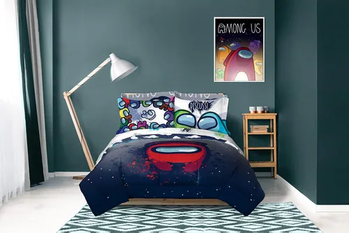 Vista 7 de Jay Franco Among Us Space Splatter - Juego de ropa de cama tamaño Queen de 5 piezas, edredón y sábanas, microfibra suave resistente a la Multi