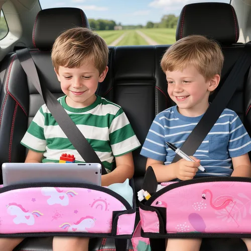 Vista 2 de 2 piezas Bandeja de viaje para niños, bandeja para asiento de coche para niños Viaje, Esenciales de viaje en carretera para niños con kit de dibujo