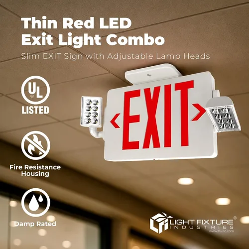 Vista 2 de LFI Lights Thin COMBO UL 924 Listed, LED rojo, señal de salida con luces de emergencia, blanco, 120-277 VCA cableada con batería de respaldo, doble