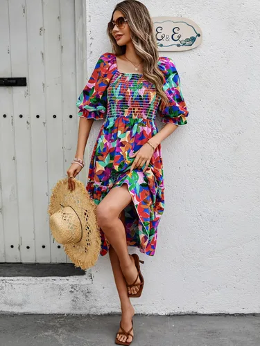 Vista 2 de PRETTYGARDEN Vestido midi casual de verano para mujer, manga abombada, cuello cuadrado, acampanado, bohemio, floral, fruncido