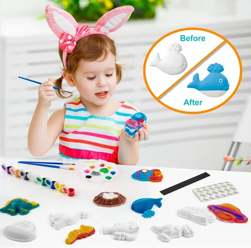 Vista 2 de Juboury Kit de manualidades para niños, pintura en yeso, juego de arte para pintar tu propio espacio, dinosaurios y figuras de vida marina, kit