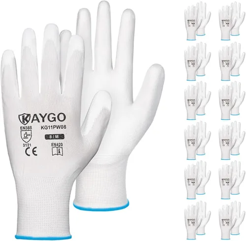 Vista 103 de KAYGO KG11PB - Guantes de trabajo de seguridad con revestimiento de poliuretano, 12 pares de guantes de punto sin costuras para hombres y mujeres