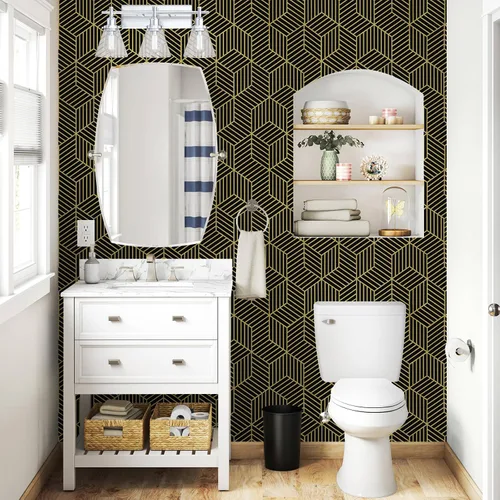 Vista 7 de WENMER Papel tapiz hexagonal geométrico de 17.7 x 118 pulgadas, para despegar y pegar, papel de contacto geométrico extraíble negro y dorado