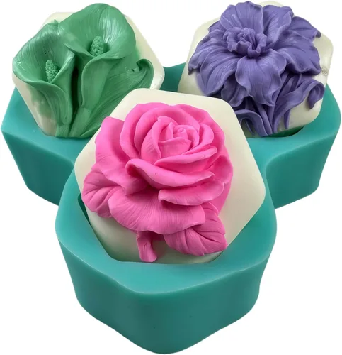 Vista 2 de Molde de jabón hexagonal para alivio de flores, 3 cavidades, molde de silicona para jabón natural, vela perfumada, cera de chocolate, mousse