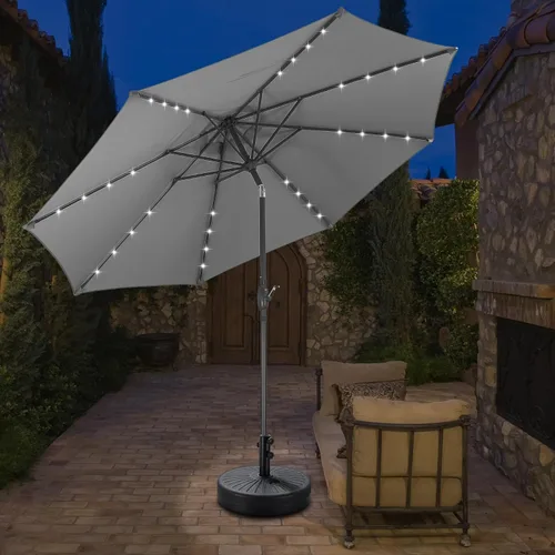 Vista 22 de Sombrilla solar de patio de 10 pies con base, 32 luces LED, sombrilla de mercado al aire libre con botón de inclinación y grietas para jardín Azul