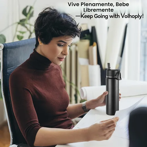 Vista 7 de Volhoply Botella de agua aislada de 24 onzas con tapa con popote, botellas deportivas de boca ancha de acero inoxidable con asa, tazas de vacío