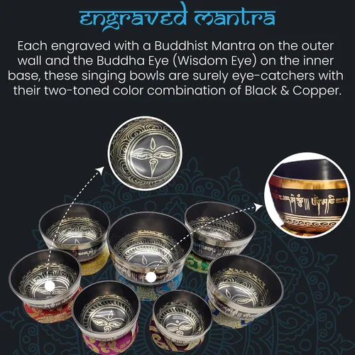 Vista 4 de KHUSI - Juego de 7 cuencos tibetanos, Thadobati, hechos a mano, con mantra grabado para yoga, curación de chakras, relajación, alivio del estrés