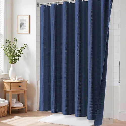 Vista 9 de 3 in 1 Waffle Shower Curtain Set with PEVA Liner 72Wx72H Navy Blue Azul marino