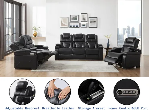 Vista 3 de THSUPER Juego de sofás reclinables de cuero transpirable con potencia con luz LED, asientos reclinables de cine en casa con reposacabezas