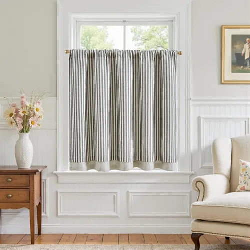 Vista 18 de jinchan Cenefa de Lino a Rayas para Ventanas de 16 Pulgadas Cortinas Opacas para Ventana Pequeña Estilo Granja Cenefa de Doble Capa para Sala