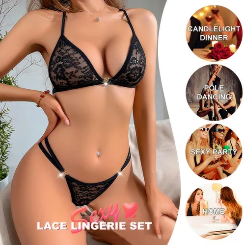 Vista 3 de Conjunto de lencería de encaje para mujer, conjunto de 2 piezas de brasier y bragas sexy