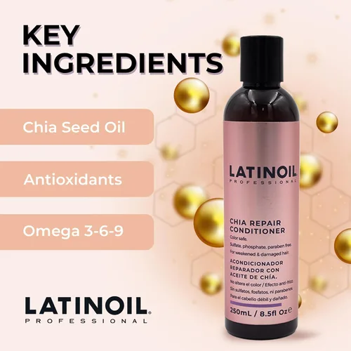 Vista 4 de LATINOIL Chia - Acondicionador reparador de cabello sin parabenos ni sulfatos, tratamiento natural con queratina para dañados, tratados