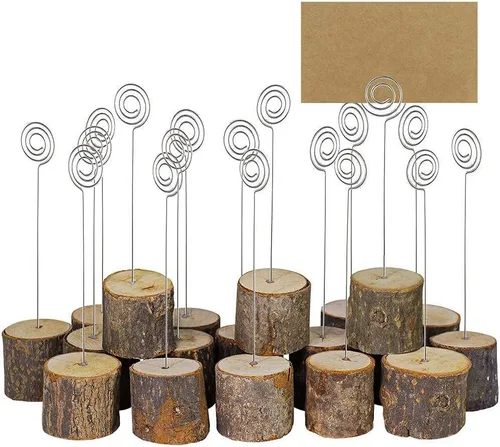 Vista 5 de 30 soportes para tarjetas de lugar de madera rústica, base de madera real, clip para fotos de notas, números de mesa de boda, soporte de tarjetas