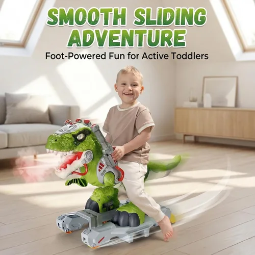 Vista 2 de Coches de Dinosaurio Montables para Niños, Juguetes Eléctricos con Música, Luz y Humo, Regalo para Niños de 3 a 5 Años, Patinete para Preescolar