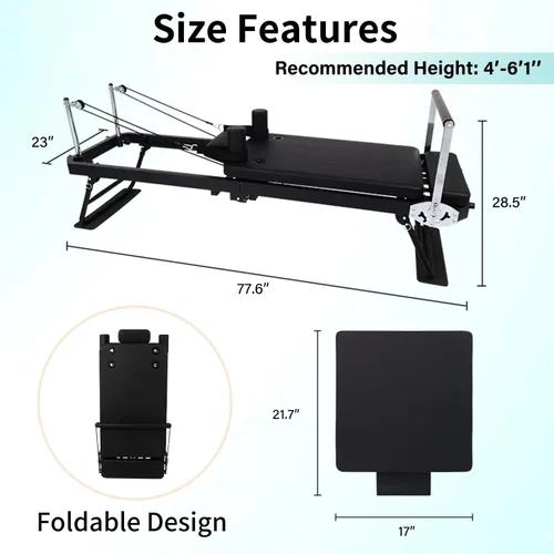 Vista 5 de Pilates Reformer Machine Equipment with Springs & Cords for Home Workout, Foldable Pilates Equipment with Jump Board for All Level Users