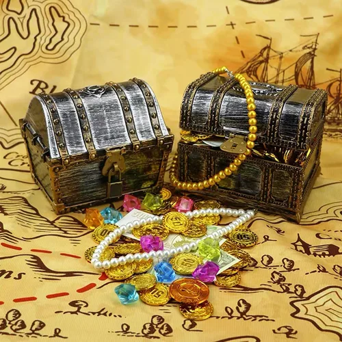 Vista 4 de Cofre del tesoro pirata para niños: pequeña caja del tesoro con cerradura y llave, caja de colección vintage de plástico para almacenamiento
