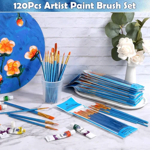 Vista 2 de Pinceles de pintura para pintura acrílica, juego de 120 pinceles de pintura acrílica, pinceles multiusos a granel para lienzo, acuarela, pintura