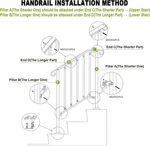 Vista 6 de Pasamanos ajustables para escalones al aire libre, pasamanos #2 para 2 o 3 escalones, pasamanos de hierro forjado mate, riel de escalera con kit