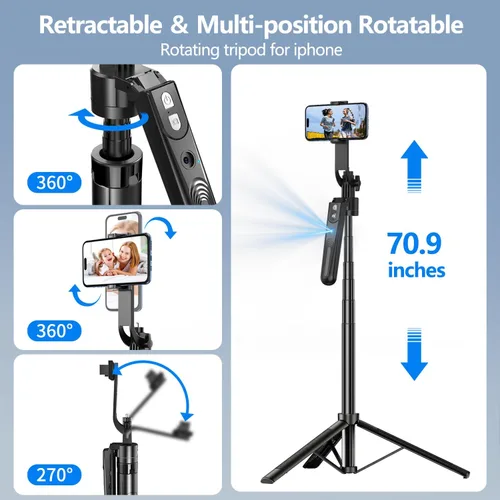Vista 4 de Trípode de seguimiento facial automático con rotación de 360° con soporte, trípode de teléfono con sensor de movimiento de 70.9", sin aplicación