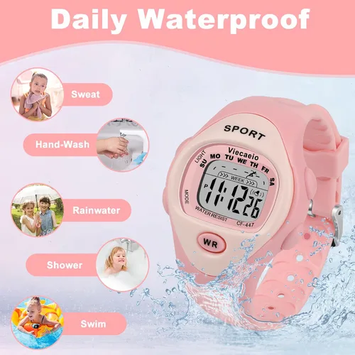 Vista 3 de Reloj digital para niños, impermeable, con cronómetro, alarma, iluminación, regalo para niños de 3 a 8 años con bonita caja, color rosa, Rosado