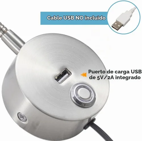 Vista 3 de Luz de lectura regulable montada en la pared con puerto de carga USB, luz de lectura LED enchufable, lámparas de pared con cuello de cisne flexible
