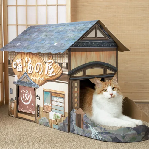 Vista 6 de SMILE PAWS Camas para gatos de interior, casa de cartón para gatos con rascadores, hotel Onsen, muebles grandes y resistentes para gatos, tienda