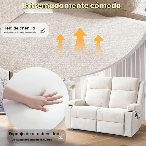Vista 4 de Sofá reclinable de dos plazas, sofá biplaza con reposapiés ajustable, sillón reclinable de pared para sala de estar, cine en casa y RV (beige)