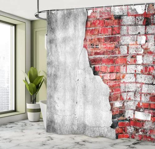 Vista 4 de Ambesonne - Cortina de ducha roja y negra, diseño de casa espeluznante agrietada con azulejos grunge Street Art Imagen, tela de tela de baño