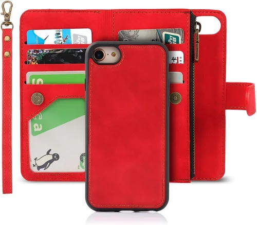 Vista 9 de iCoverCase Funda para iPhone SE (2022)/SE (2020)/7/8/6/6S con tarjetero y soporte para tarjetas, funda magnética desmontable de piel sintética