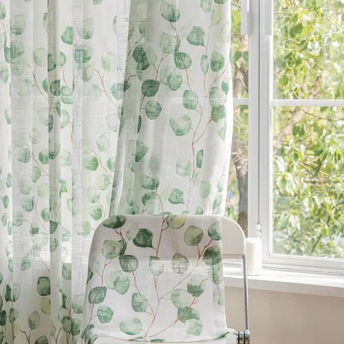 Vista 10 de SUOUO Cortinas blancas semitransparentes con hojas azules para dormitorio, comedor, sala de estar, lino texturizado de 84 pulgadas de largo