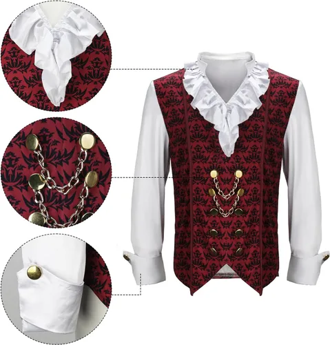 Vista 3 de Disfraz de vampiro de diablo para hombre adulto, camisa medieval, renacentista, victoriano, gótico, Halloween, cosplay, capa larga