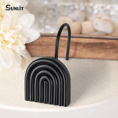 Vista 6 de Sunlit Ganchos decorativos para cortina de ducha modernos de mediados de siglo, anillos de cortina de ducha geométricos negros para baño, resina
