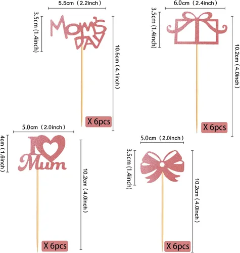 Vista 6 de Decoración para cupcakes para el Día de la Madre, 24 piezas con purpurina para fiesta de cumpleaños, suministros de cartón y bambú de primera calidad