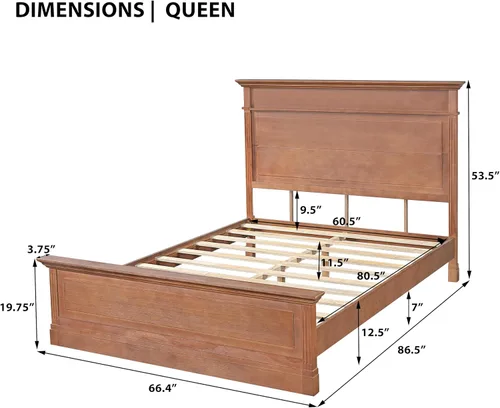 Vista 2 de Merax Marco de cama rústico de madera maciza tamaño Queen, cama de plataforma de granja con cabecera de 53.5 pulgadas de alto, marco de cama