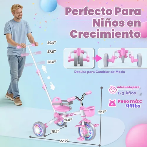 Vista 6 de Kkdi Bicicleta 5 en 1 para niños de 1 a 3 años, triciclo rosa con mango