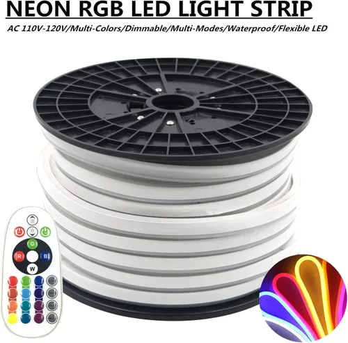 Vista 8 de SYMHMT - Tira de luz LED RGB de neón, CA 110 V/multicolor, regulable, multimodos, impermeable, flexible, con control remoto (32.8 pies, RGB)