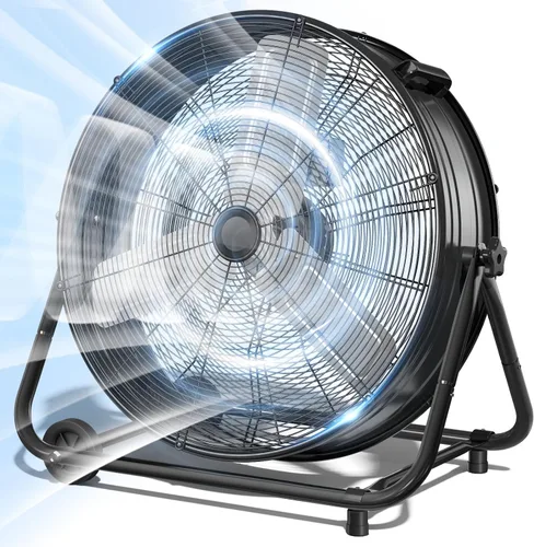 Vista 10 de LifePlus Ventilador de Tambor Industrial de 24 Pulgadas, Ventilador de Piso de Taller de Alta Velocidad, 3 Velocidades, Circulador de Aire de Metal