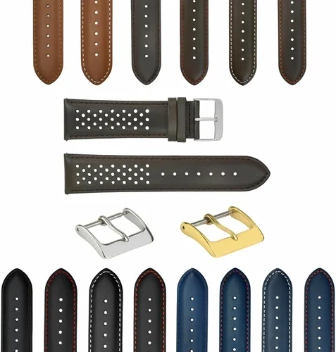 Vista 9 de Ewatchparts Correa de reloj de piel perforada de 18-19-20-21-22-0.906-0.945 in compatible con Rolex Quick Release Negro y dorado